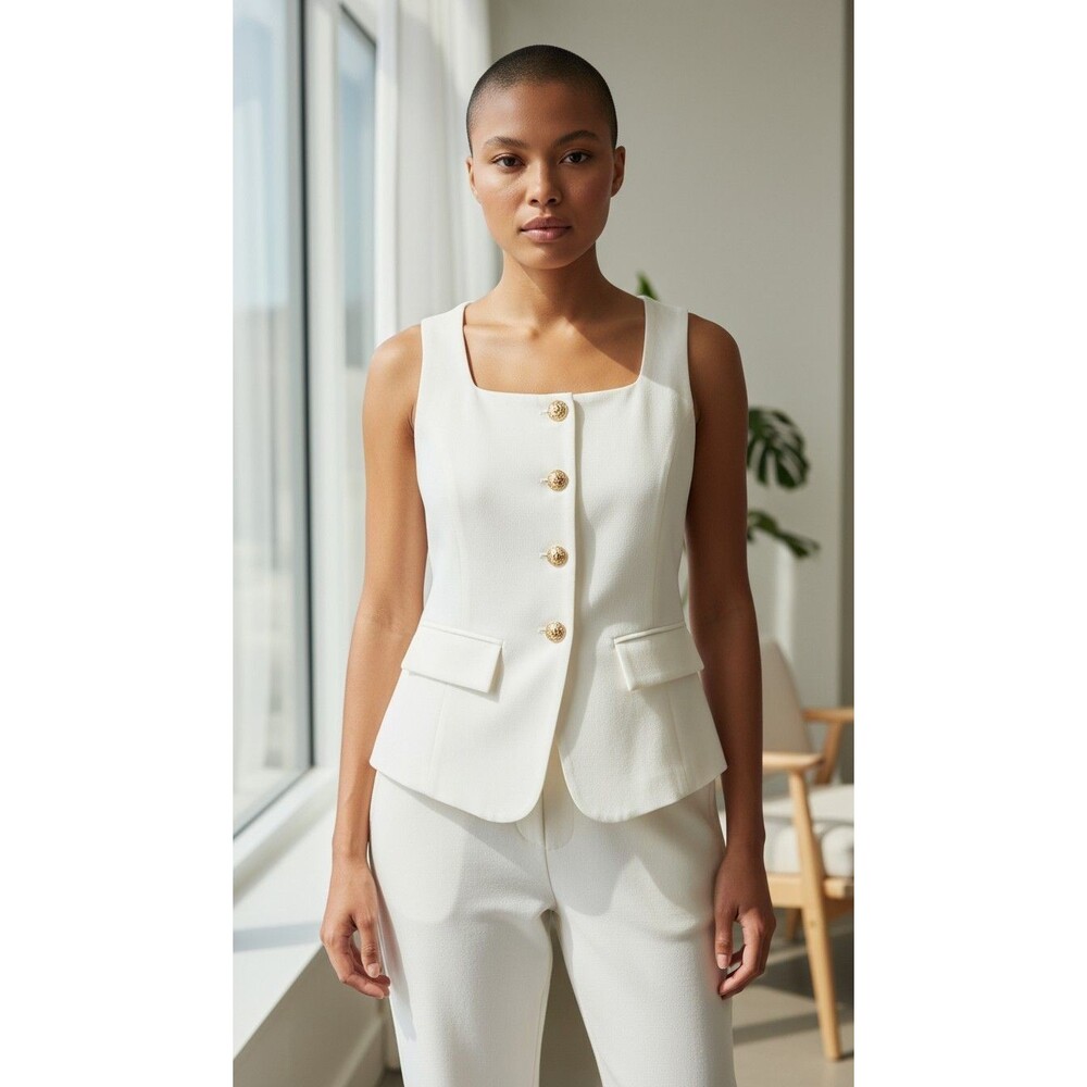 DESIGNER ZESICA WHITE GOLD BUTTONS SLEEVELESS SQUARE NECKLINE WOMEN'S VEST LARGE